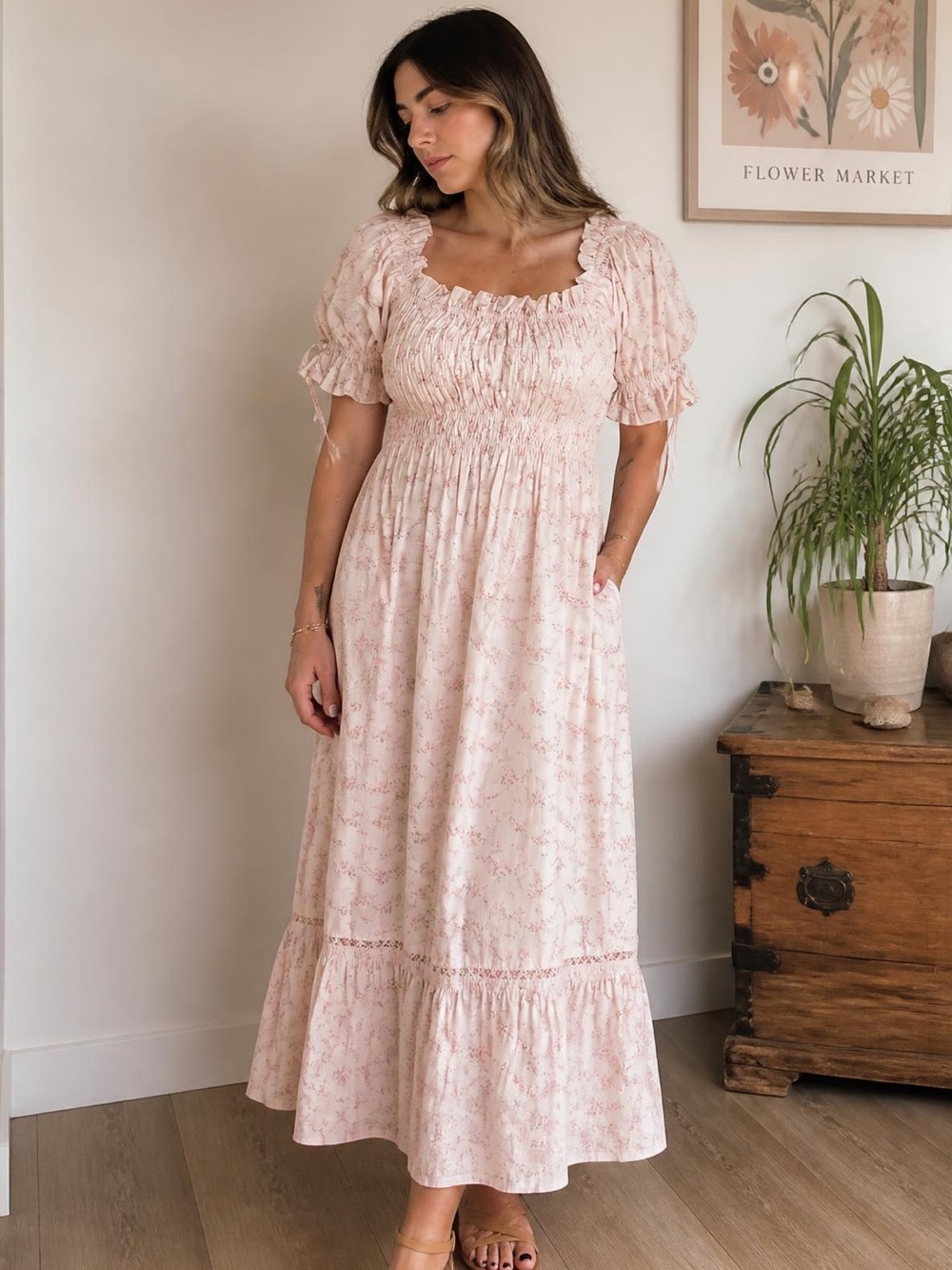 ANTONIO MELANI Blush Pink Smocked Maxi Dress with Puff Sleeves